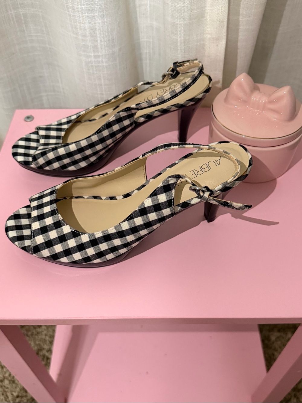 Black & White Gingham Peep-Toe Slingback Heels